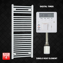 Single Heat Element + Digital Timer 500 x 1200 Flat White Pre-Filled Electric Heated Towel Rail