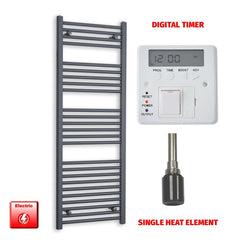 Single Heat Element + Digital Timer 500 x 1400 Flat Anthracite Pre-Filled Electric Towel Rail
