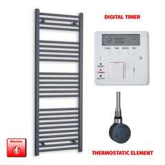 Thermostatic Element + Digital Timer 500 x 1400 Flat Anthracite Pre-Filled Electric Towel Rail