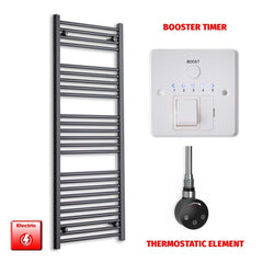 Thermostatic Element + Booster Timer 500 x 1400 Flat Black Pre-Filled Electric Heated Towel Rail