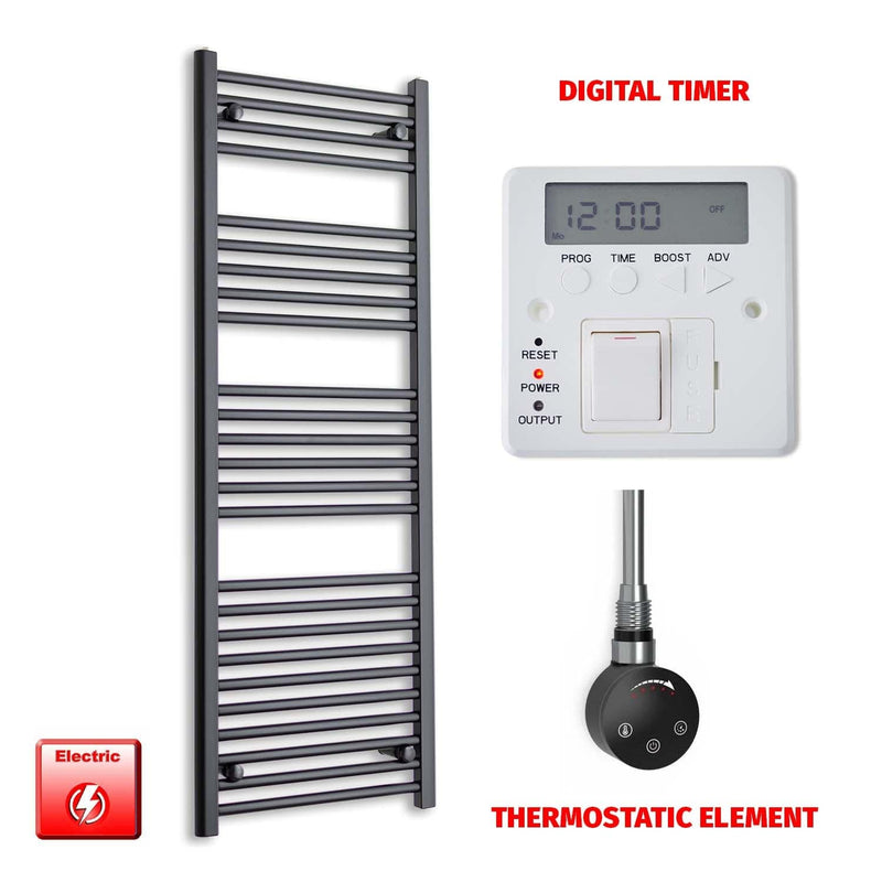 Thermostatic Element + Digital Timer 500 x 1400 Flat Black Pre-Filled Electric Heated Towel Rail