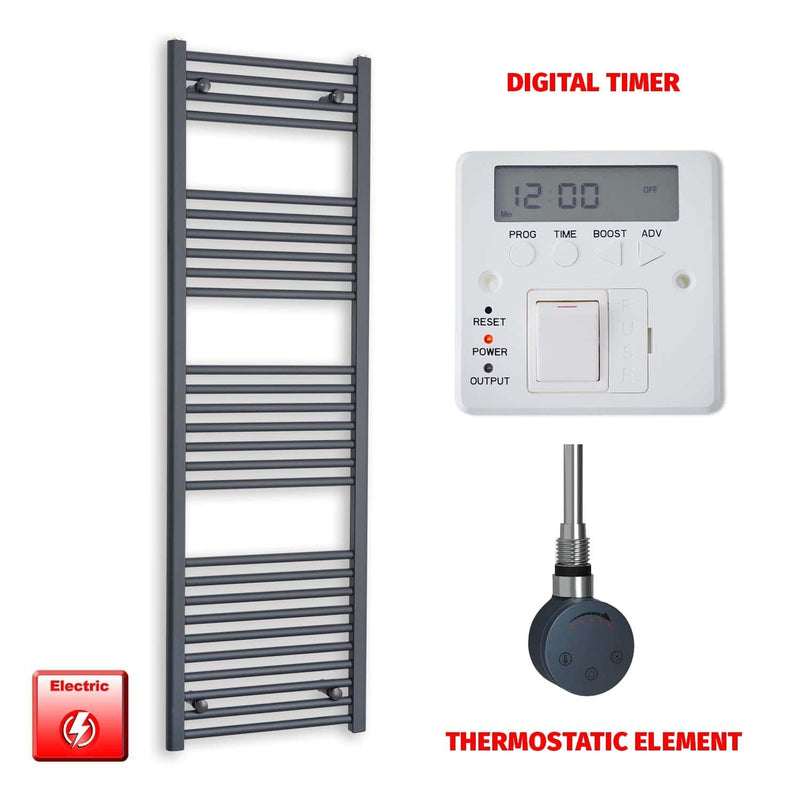 Thermostatic Element + Digital Timer 500 x 1600 Flat Anthracite Pre-Filled Electric Towel Rail