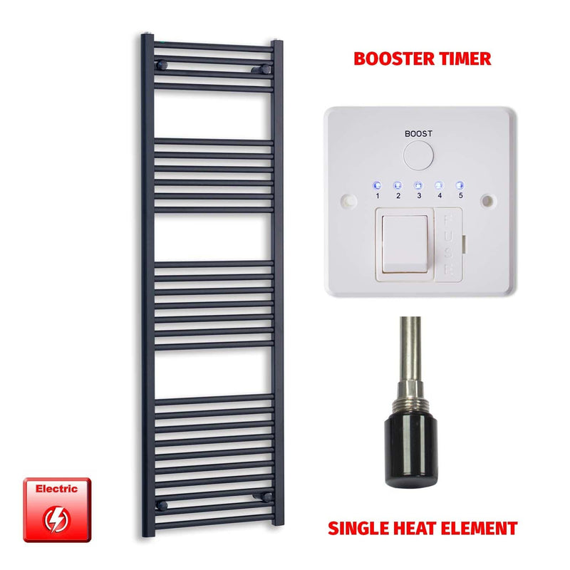 Single Heat Element + Booster Timer 500 x 1600 Flat Black Pre-Filled Electric Heated Towel Rail