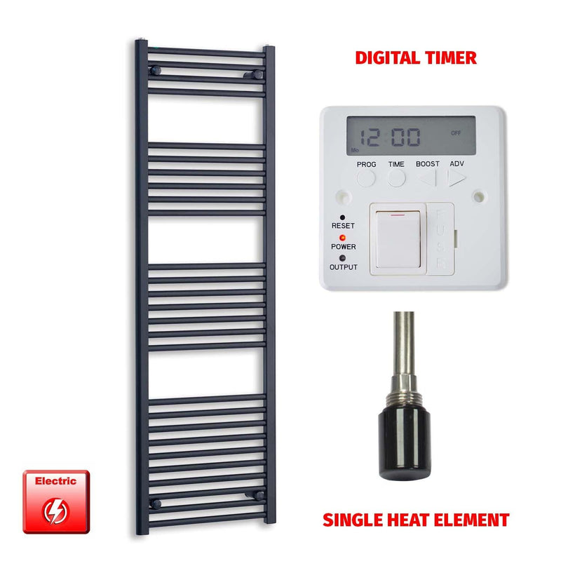 Single Heat Element + Digital Timer 500 x 1600 Flat Black Pre-Filled Electric Heated Towel Rail