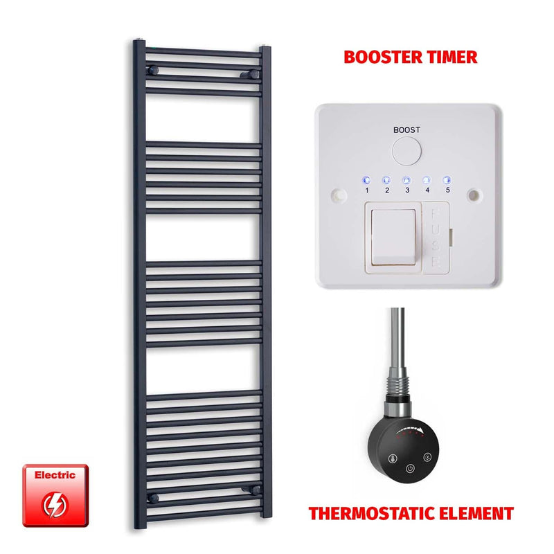 Thermostatic Element + Booster Timer 500 x 1600 Flat Black Pre-Filled Electric Heated Towel Rail