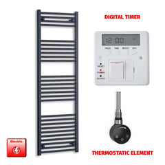 Thermostatic Element + Digital Timer 500 x 1600 Flat Black Pre-Filled Electric Heated Towel Rail
