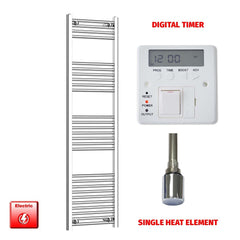 Straight / Single Heat Element + Digital Timer 500 x 1600 Flat Chrome Pre-Filled Electric Heated Towel Rail
