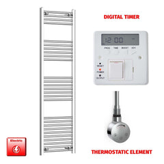 Straight / Thermostatic Element + Digital Timer 500 x 1600 Flat Chrome Pre-Filled Electric Heated Towel Rail