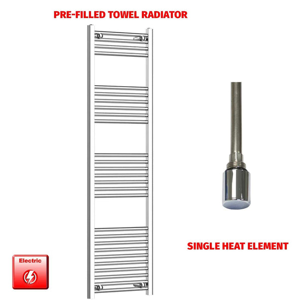 Straight / Single Heat Element 500 x 1600 Flat Chrome Pre-Filled Electric Heated Towel Rail