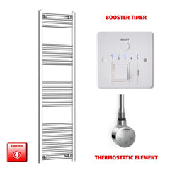 Straight / Thermostatic Element + Booster Timer 500 x 1600 Flat Chrome Pre-Filled Electric Heated Towel Rail