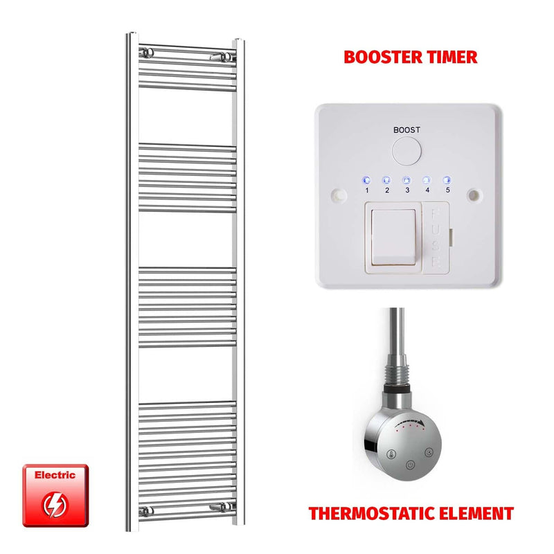 Straight / Thermostatic Element + Booster Timer 500 x 1600 Flat Chrome Pre-Filled Electric Heated Towel Rail