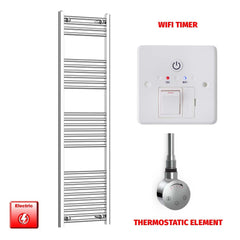 Straight / Thermostatic Element + Wifi Timer 500 x 1600 Flat Chrome Pre-Filled Electric Heated Towel Rail