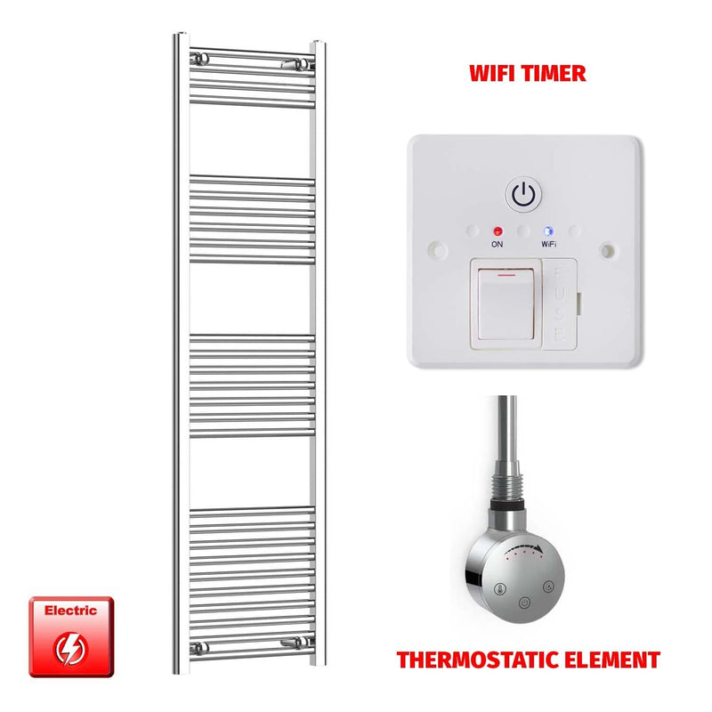 Straight / Thermostatic Element + Wifi Timer 500 x 1600 Flat Chrome Pre-Filled Electric Heated Towel Rail