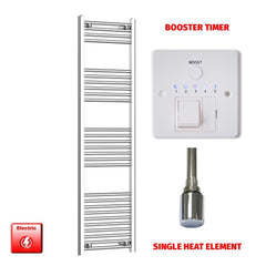 Straight / Single Heat Element + Booster Timer 500 x 1600 Flat Chrome Pre-Filled Electric Heated Towel Rail