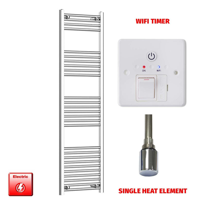 Straight / Single Heat Element + Wifi Timer 500 x 1600 Flat Chrome Pre-Filled Electric Heated Towel Rail