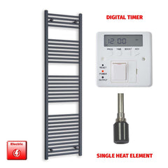Single Heat Element + Digital Timer 500 x 1800 Flat Anthracite Pre-Filled Electric Towel Rail