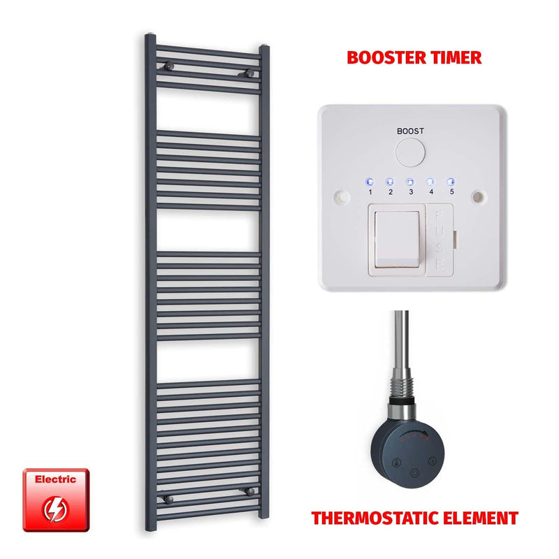 Thermostatic Element + Booster Timer 500 x 1800 Flat Anthracite Pre-Filled Electric Towel Rail