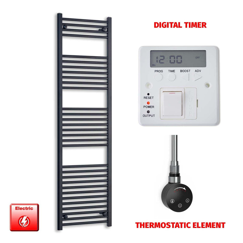 Thermostatic Element + Digital Timer 500 x 1800 High Flat Black Pre-Filled Electric Towel Rail