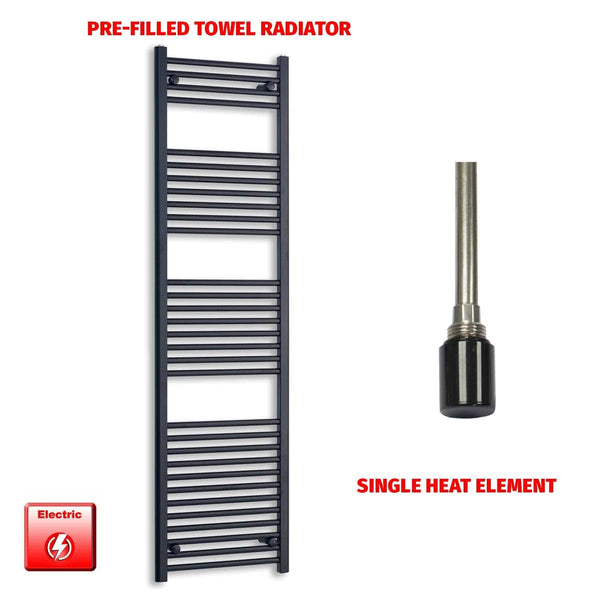 Single Heat Element 500 x 1800 High Flat Black Pre-Filled Electric Towel Rail