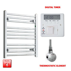 Straight / Thermostatic Element + Digital Timer 500 x 600 Flat Chrome Pre-Filled Electric Heated Towel Rail