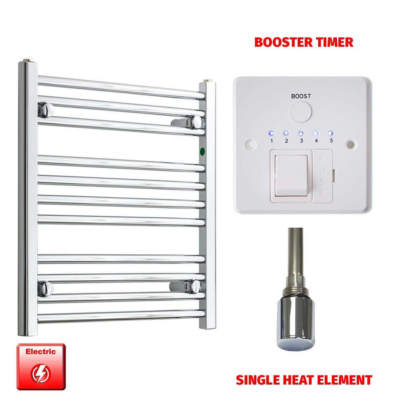 Straight / Single Heat Element + Booster Timer 500 x 600 Flat Chrome Pre-Filled Electric Heated Towel Rail