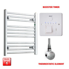 Straight / Thermostatic Element + Booster Timer 500 x 600 Flat Chrome Pre-Filled Electric Heated Towel Rail