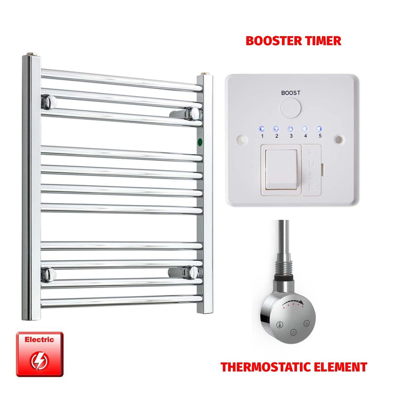Straight / Thermostatic Element + Booster Timer 500 x 600 Flat Chrome Pre-Filled Electric Heated Towel Rail