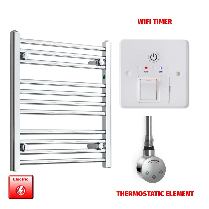 Straight / Thermostatic Element + Wifi Timer 500 x 600 Flat Chrome Pre-Filled Electric Heated Towel Rail