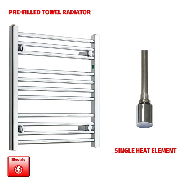 Straight / Single Heat Element 500 x 600 Flat Chrome Pre-Filled Electric Heated Towel Rail