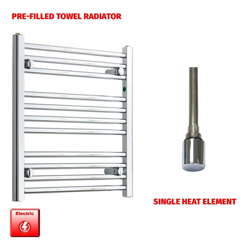 Straight / Single Heat Element 500 x 600 Flat Chrome Pre-Filled Electric Heated Towel Rail