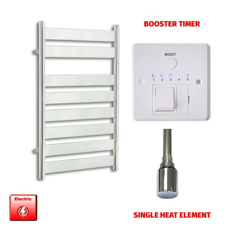 Single Heat Element + Booster Timer 500 x 800 Chrome Flat Panel Pre-Filled Electric Towel Rail