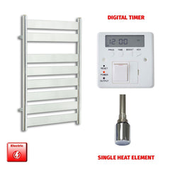 Single Heat Element + Digital Timer 500 x 800 Chrome Flat Panel Pre-Filled Electric Towel Rail
