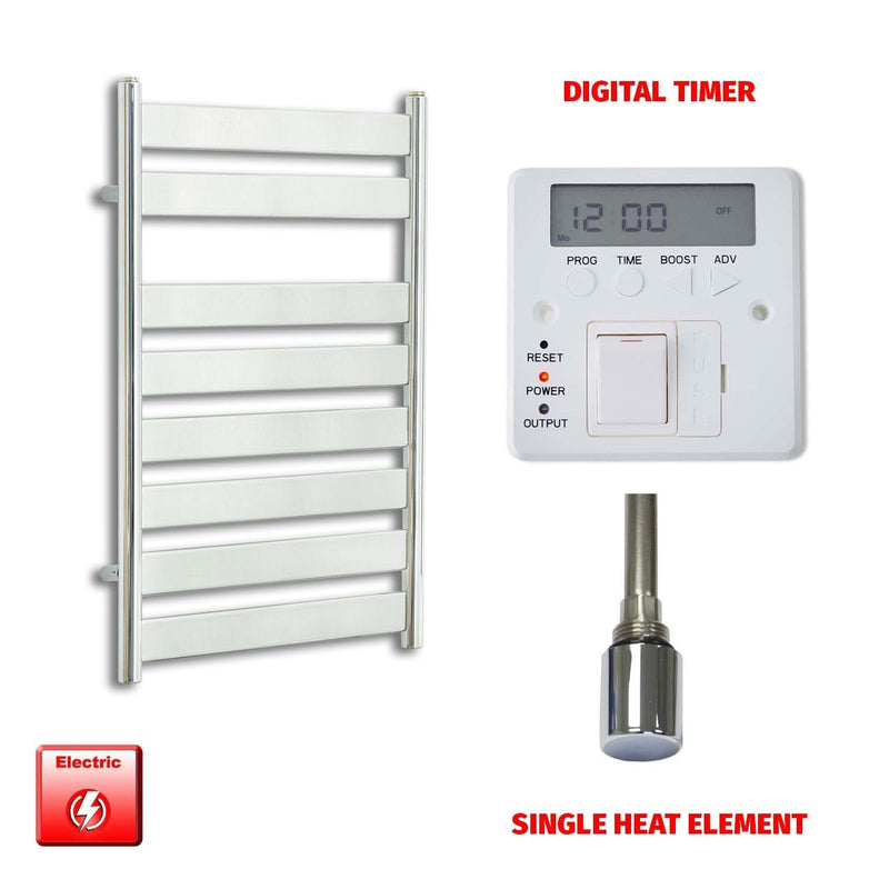 Single Heat Element + Digital Timer 500 x 800 Chrome Flat Panel Pre-Filled Electric Towel Rail