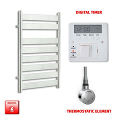 Thermostatic Element + Digital Timer 500 x 800 Chrome Flat Panel Pre-Filled Electric Towel Rail