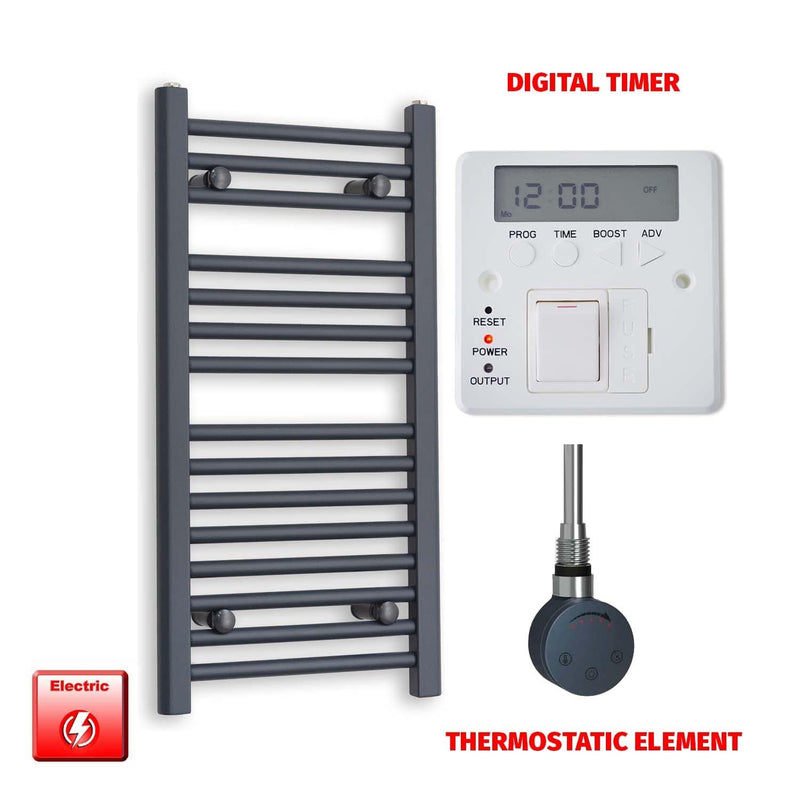 Thermostatic Element + Digital Timer 500 x 800 Flat Anthracite Pre-Filled Electric Towel Rail HTR