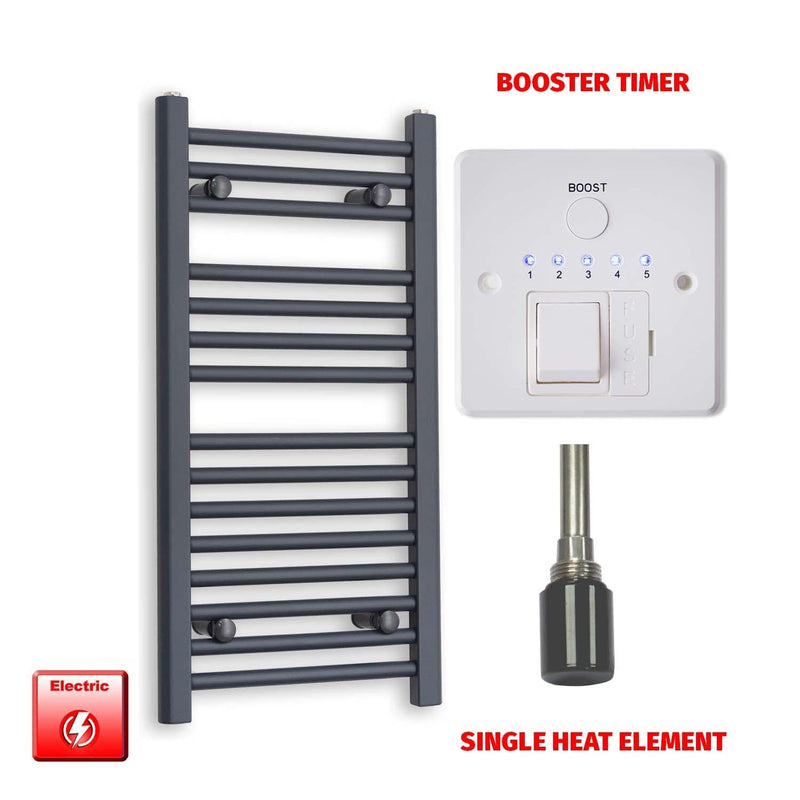 Single Heat Element + Booster Timer 500 x 800 Flat Anthracite Pre-Filled Electric Towel Rail HTR