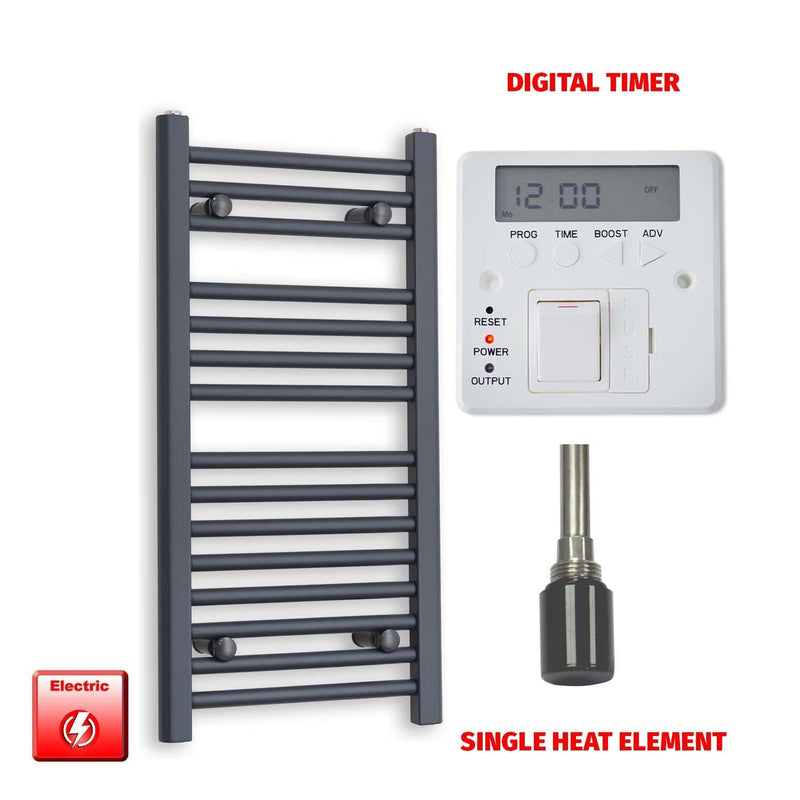 Single Heat Element + Digital Timer 500 x 800 Flat Anthracite Pre-Filled Electric Towel Rail HTR