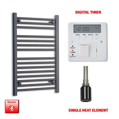 Single Heat Element + Digital Timer 500 x 800 Flat Black Pre-Filled Electric Heated Towel Rail