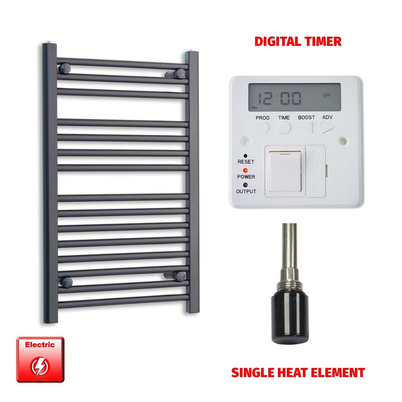 Single Heat Element + Digital Timer 500 x 800 Flat Black Pre-Filled Electric Heated Towel Rail