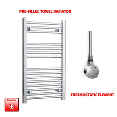 Straight / Thermostatic Element 500 x 800 Flat Chrome Pre-Filled Electric Heated Towel Rail