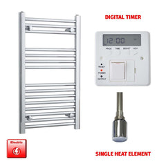 Straight / Single Heat Element + Digital Timer 500 x 800 Flat Chrome Pre-Filled Electric Heated Towel Rail