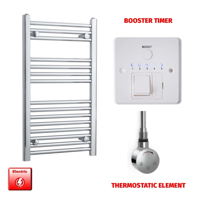 Straight / Thermostatic Element + Booster Timer 500 x 800 Flat Chrome Pre-Filled Electric Heated Towel Rail