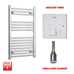 Straight / Single Heat Element + Booster Timer 500 x 800 Flat Chrome Pre-Filled Electric Heated Towel Rail