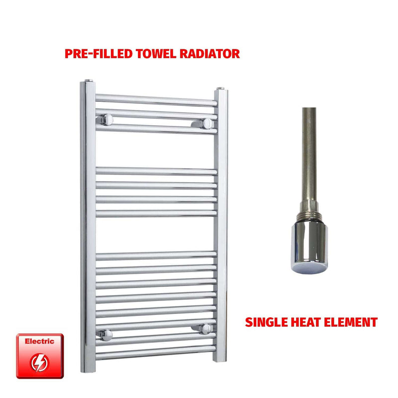 Straight / Single Heat Element 500 x 800 Flat Chrome Pre-Filled Electric Heated Towel Rail