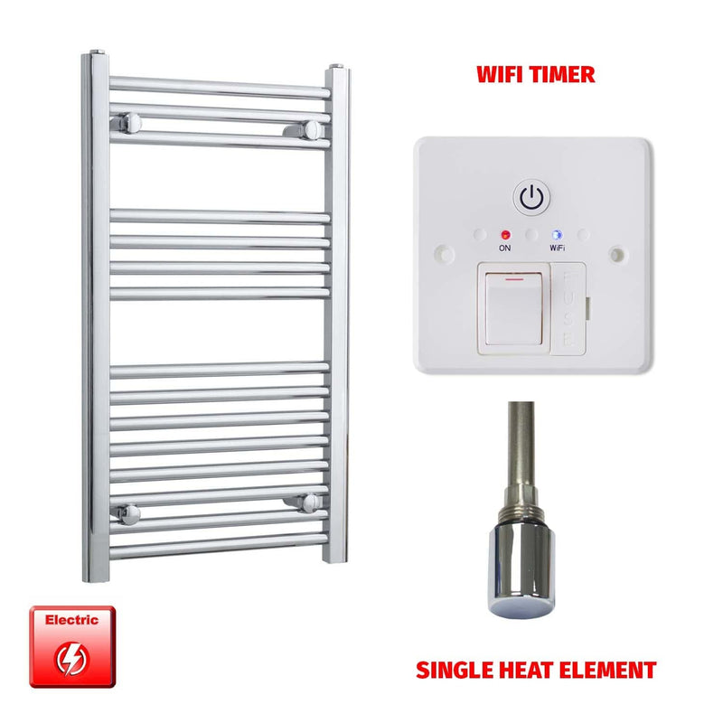 Straight / Single Heat Element + Wifi Timer 500 x 800 Flat Chrome Pre-Filled Electric Heated Towel Rail