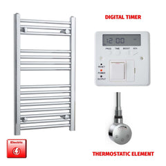 Straight / Thermostatic Element + Digital Timer 500 x 800 Flat Chrome Pre-Filled Electric Heated Towel Rail