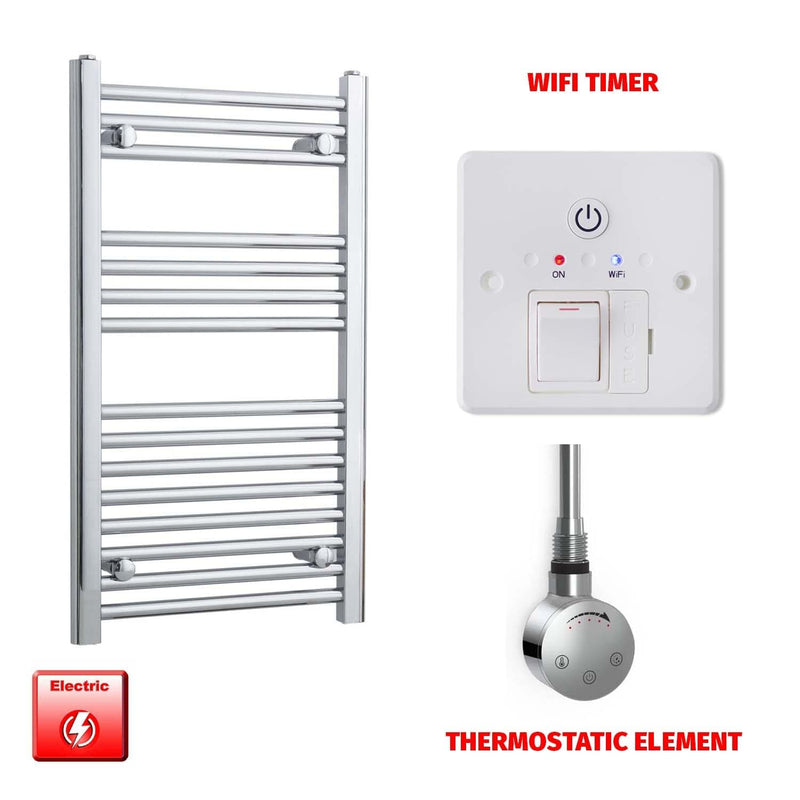 Straight / Thermostatic Element + Wifi Timer 500 x 800 Flat Chrome Pre-Filled Electric Heated Towel Rail