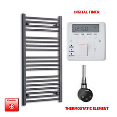 Thermostatic Element + Digital Timer 550 x 1000 Flat Black Pre-Filled Electric Heated Towel Rail
