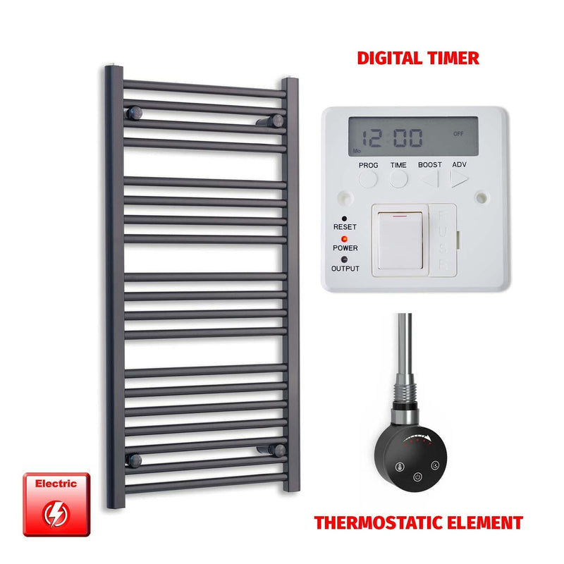 Thermostatic Element + Digital Timer 550 x 1000 Flat Black Pre-Filled Electric Heated Towel Rail