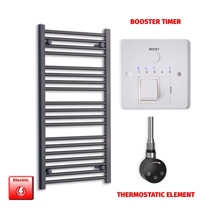 Thermostatic Element + Booster Timer 550 x 1000 Flat Black Pre-Filled Electric Heated Towel Rail